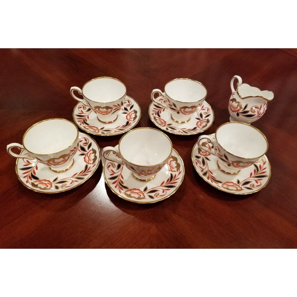 5 Vintage Royal Chelsea Bone China - Dynasty Demitasse Cup/Saucer Set & Creamer